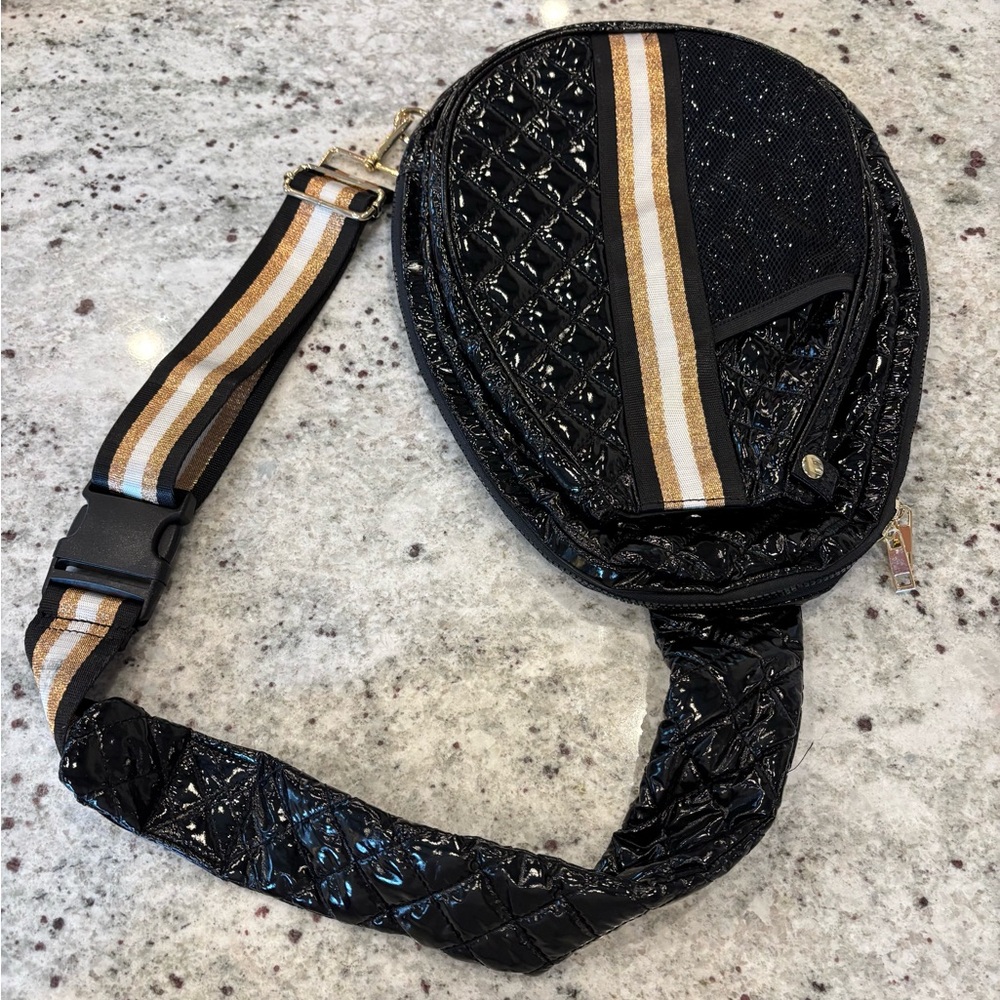 Black Quilted Patent Crossbody with Gold & Cream Stripe